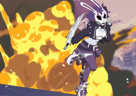 A Neon White character with a bunny face and ears, dressed in purple and white, running away from an explosion. One hand is doing a piece sign / bunny ears, the other is holding a very big knife.